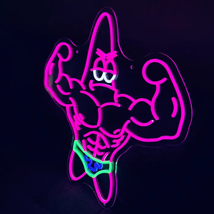 Patrick Bodybuilder Neon LED Sign photographed at an angle, flexed biceps glowing pink