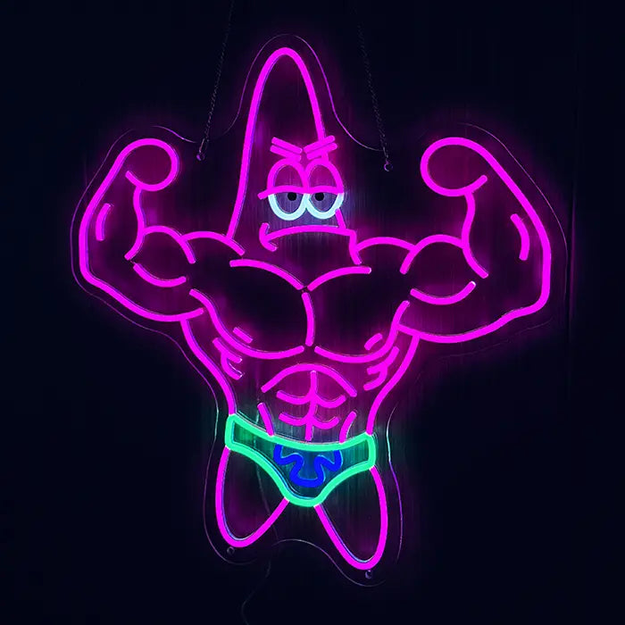 Patrick Bodybuilder Neon LED Sign lit from the front, flexed upper arms and six-pack in pink