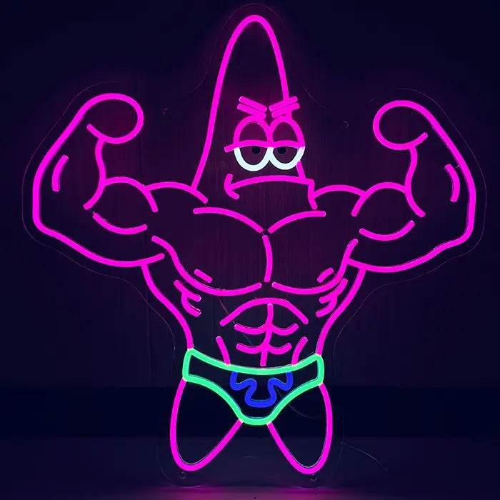 Patrick Bodybuilder Neon LED Sign front view on a dark wall, muscular Patrick Star in pink with green swim shorts