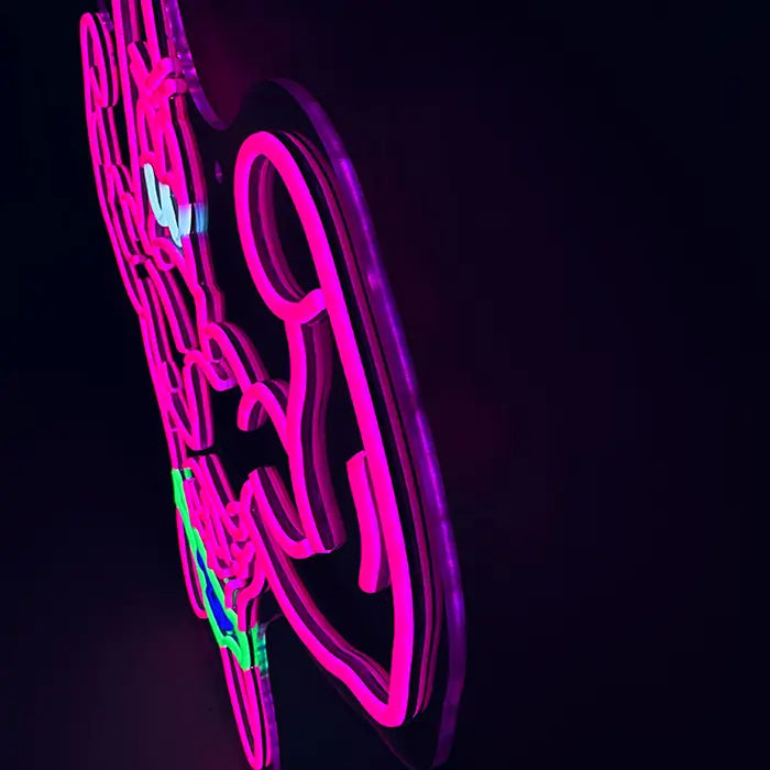 Patrick Bodybuilder Neon LED Sign photographed from the side on the wall, neon tubes clearly raised