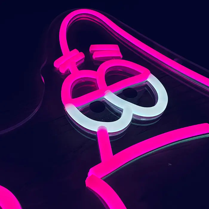 Patrick Middle Finger Neon LED Sign in close-up, half-closed eyes and eyebrows
