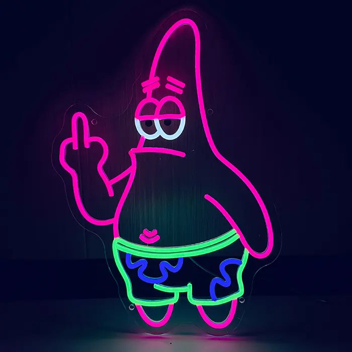 Patrick Middle Finger Neon LED Sign front view on a dark wall, pink Patrick Star showing the middle finger