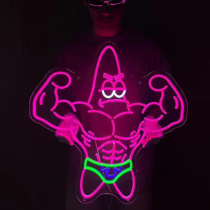 Patrick Bodybuilder Neon LED Sign held in front of the body with both hands