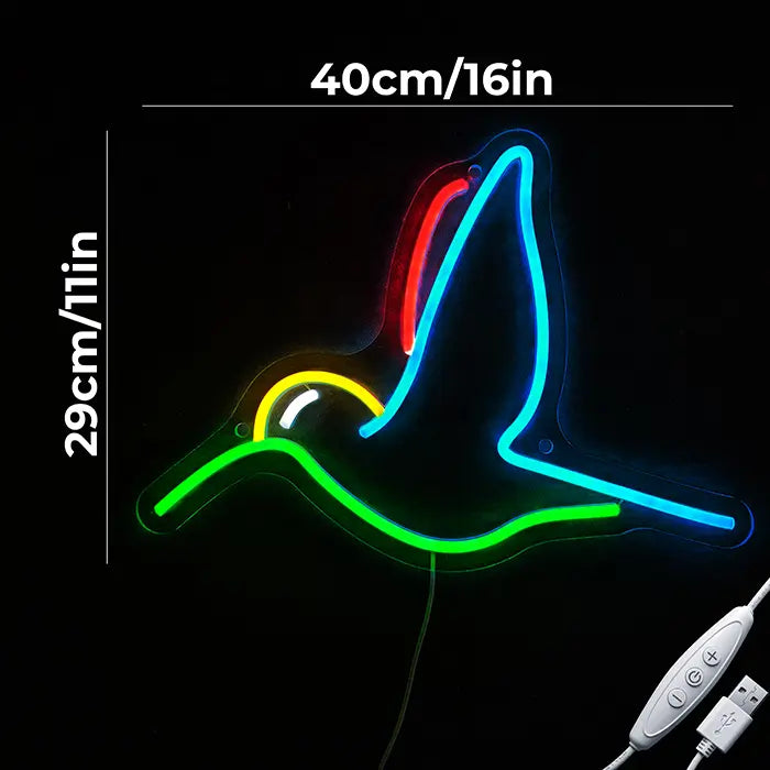 Hummingbird Bird Neon LED Sign with dimensions 40 cm (16") and 29 cm (11"), next to it the USB cable with inline dimmer