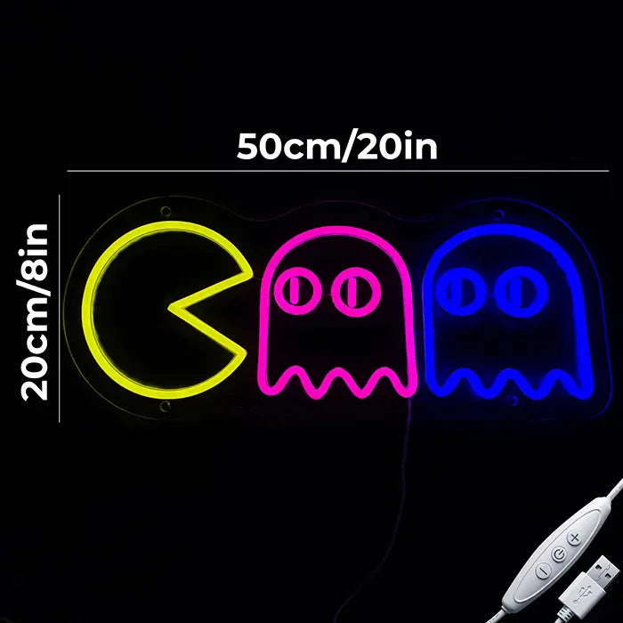 Retro Ghosts Neon LED Sign with dimensions 50 cm (20") and 20 cm (8"), next to it the USB cable with inline dimmer
