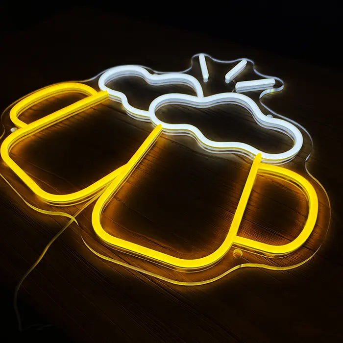 Beer Steins Neon LED Sign from the side on a table, the acrylic panel follows the outline