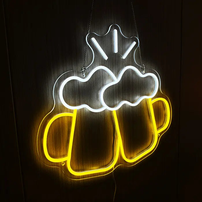 Beer Steins Neon LED Sign hung on chains, steins and foam glowing against a dark wall