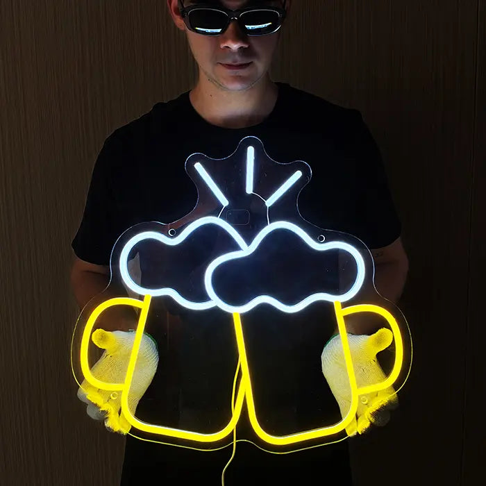 Beer Steins Neon LED Sign held in front of the body with gloves, foam heads glowing white