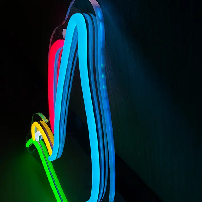 Hummingbird Bird Neon LED Sign photographed from the side, blue, red and green tubes up close