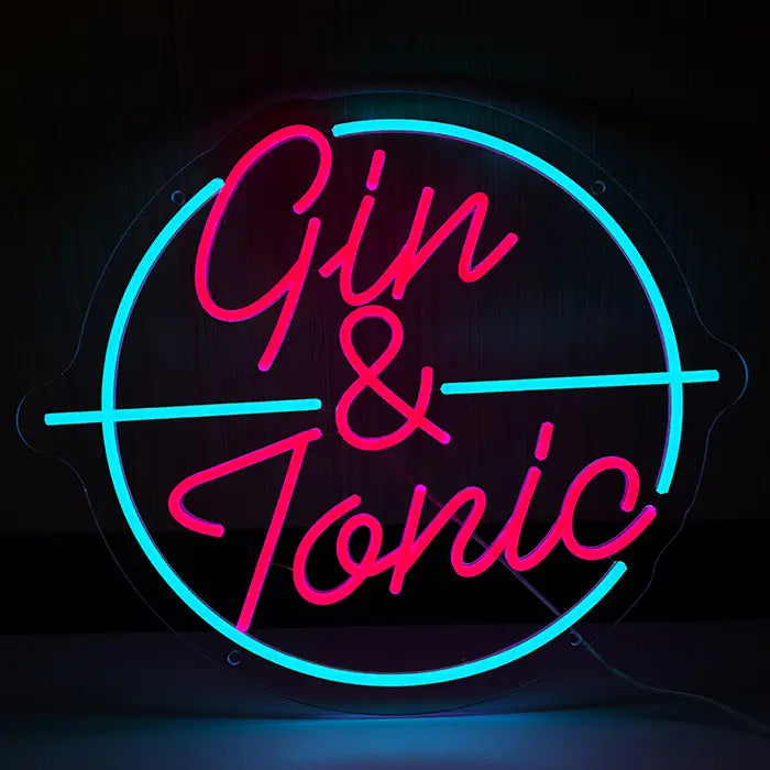 Gin & Tonic Neon LED Sign front view against a dark background, script in pink, circle in turquoise