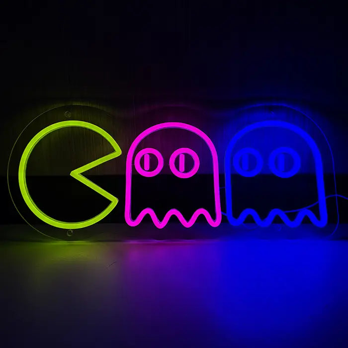 Retro Ghosts Neon LED Sign lit from the front, arcade figure and two ghosts on a clear acrylic panel