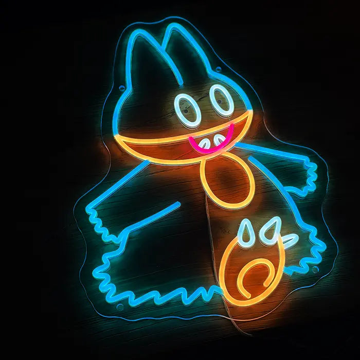 Pokémon Munchlax Neon LED Sign at an angle from the side on a dark wall