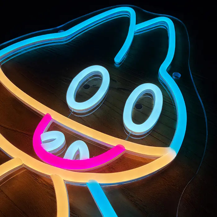 Pokémon Munchlax Neon LED Sign close-up of the face with white eyes and a pink tongue