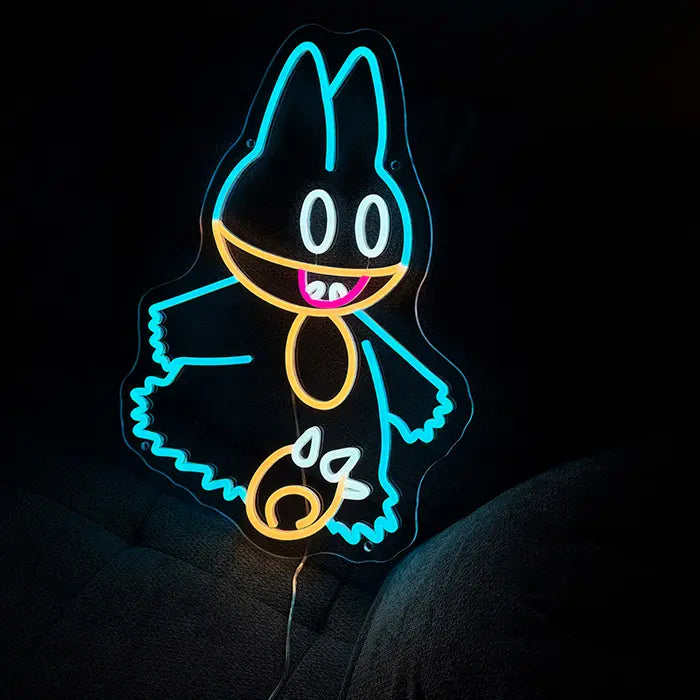 Pokémon Munchlax Neon LED Sign on a dark wall above a sofa, a soft glow around the outlines