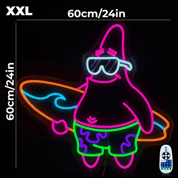 Patrick Surfer Neon LED Sign – Dimmable with Remote | SpongeBob Beach Decor