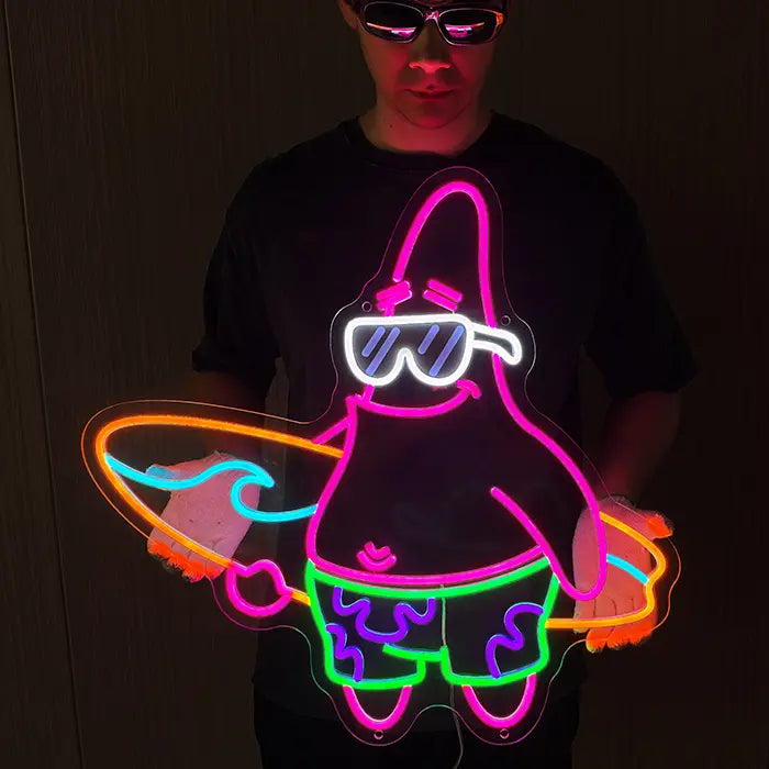 Patrick Surfer Neon LED Sign – Dimmable with Remote | SpongeBob Beach Decor