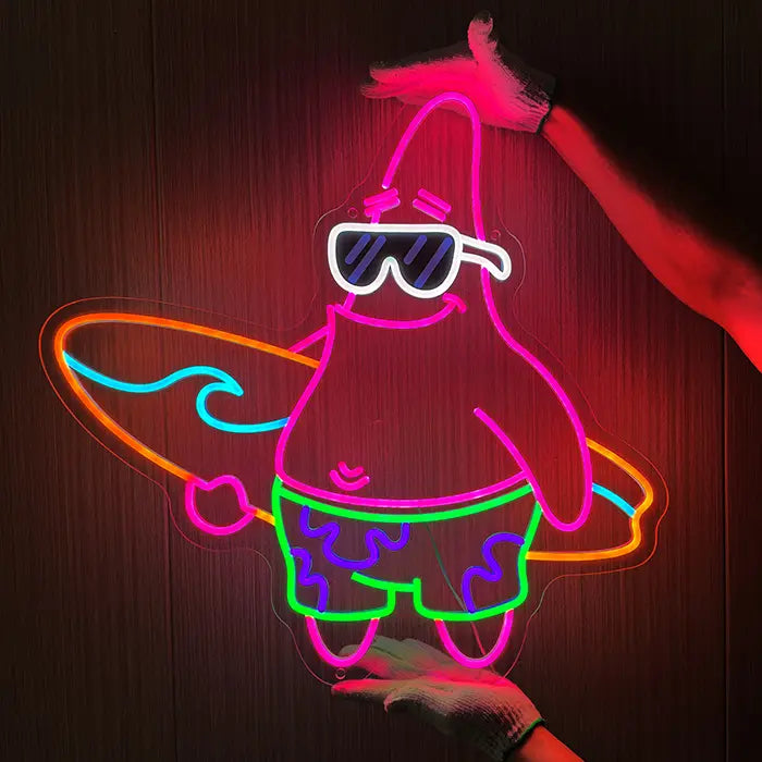 Patrick Surfer Neon LED Sign – Dimmable with Remote | SpongeBob Beach Decor