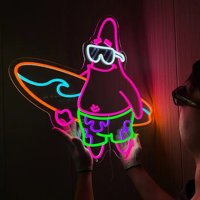 Patrick Surfer Neon LED Sign – Dimmable with Remote | SpongeBob Beach Decor