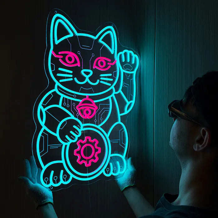 Cyber Futura Cat Neon LED Sign – Dimmable with Remote | Anime Gaming Decor