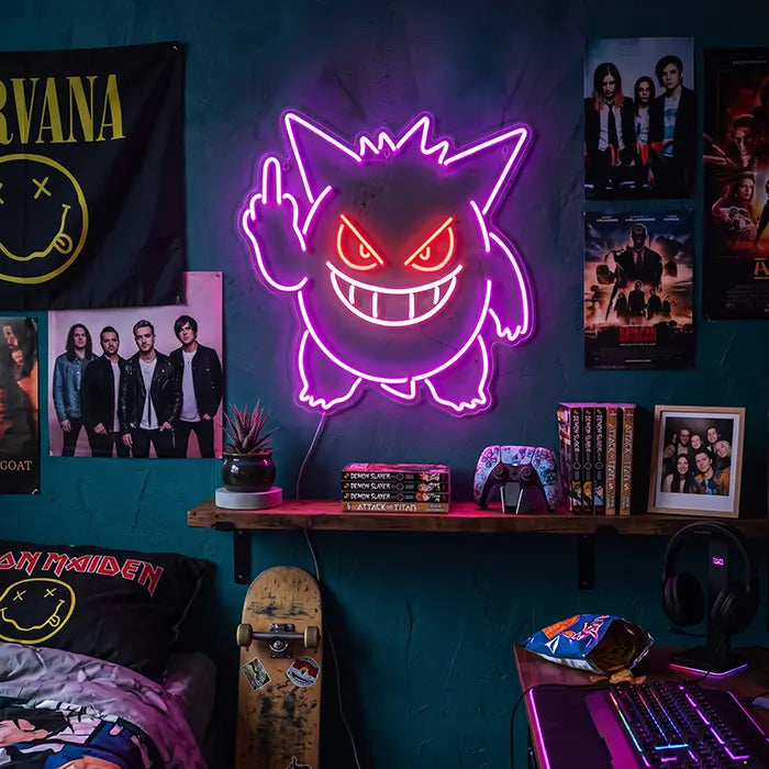 Gengar Mittelfinger Neon Pokémon  LED Schild – USB Leuchtschild | Gamer Wanddeko