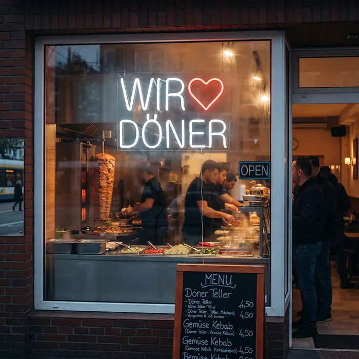 We Love Döner Neon LED Sign in the shop window of a kebab shop, döner spit and staff behind
