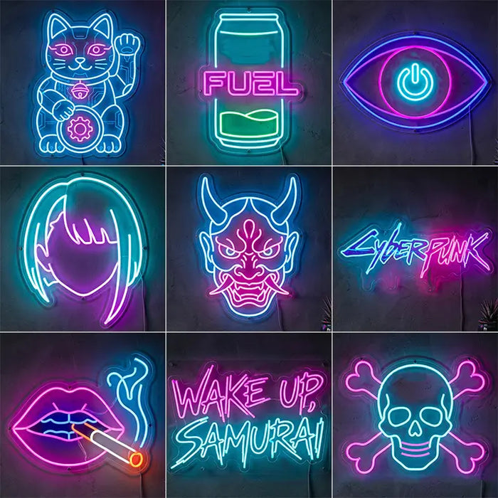 LED-kylttisetti Cyber Futura – scifi- ja anime-neonaiheita pelisisustukseen