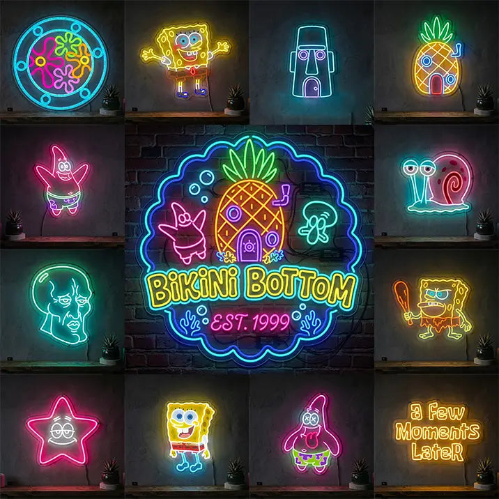 Bikini-Bottom Charaktere Neon LED Schild – USB & 12V Leuchtschild | Schwammkopf Sammler Set