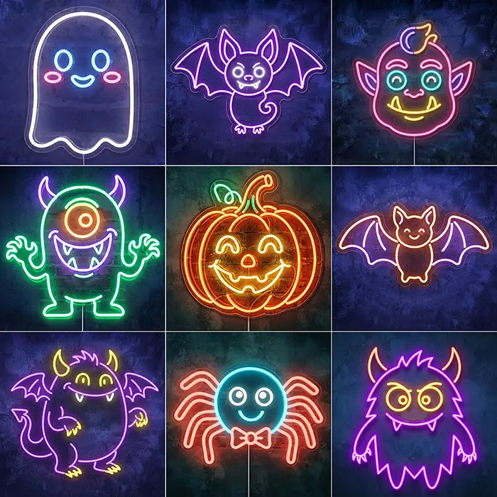 Neon LED -kyltti Happy Spook Set, yleiskuva sarjan kaikista kuvioista