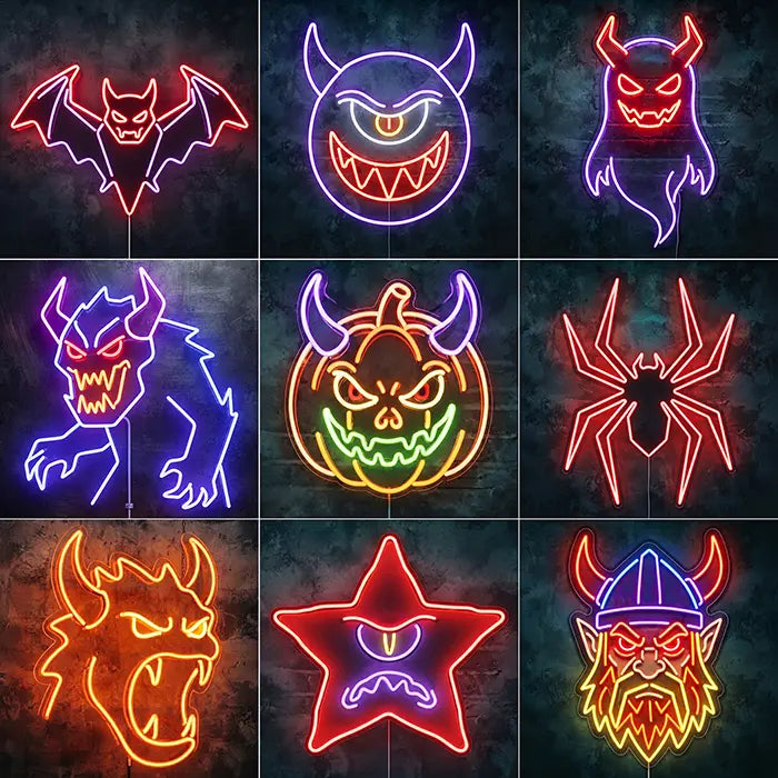 Dark Forces Halloween Set Neon LED Sign, an overview of all nine motifs in the set