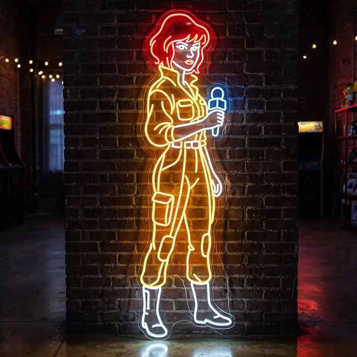 Ninja Turtles Set Neon LED Sign design April O'Neil in a yellow jumpsuit with a microphone on a dark brick wall