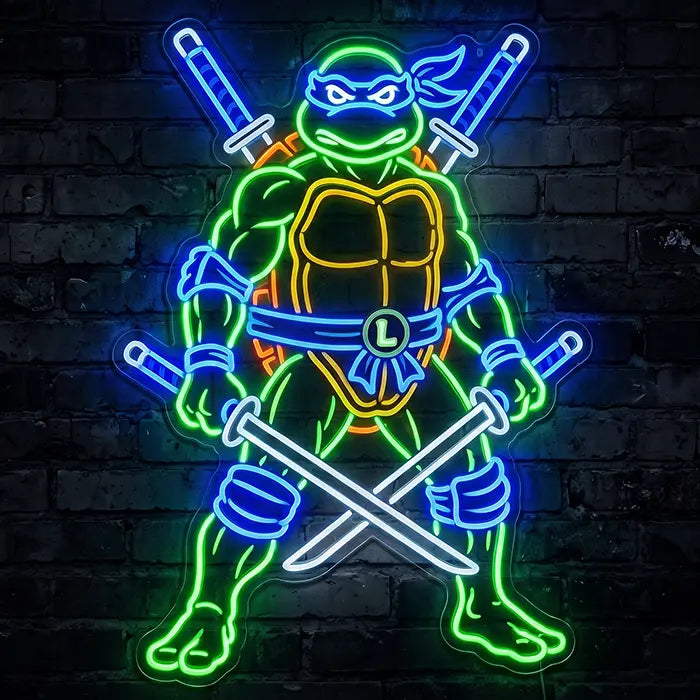 Ninja Turtles Set Neon LED Sign design Leonardo with a blue mask and two crossed katanas on a dark brick wall