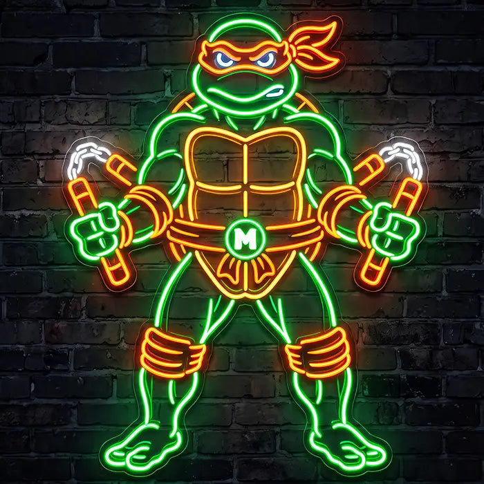 Ninja Turtles Set Neon LED Sign design Michelangelo with an orange mask and two nunchucks on a dark brick wall