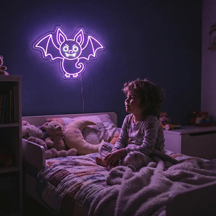 Fledermaus Freddy Neon LED Schild – Dimmbar mit Fernbedienung | Halloween Kinderzimmer Deko