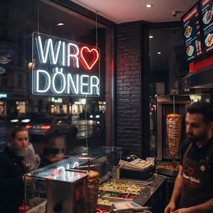 We Love Döner Neon LED Sign above the counter of a takeaway, next to it a worker at the döner spit
