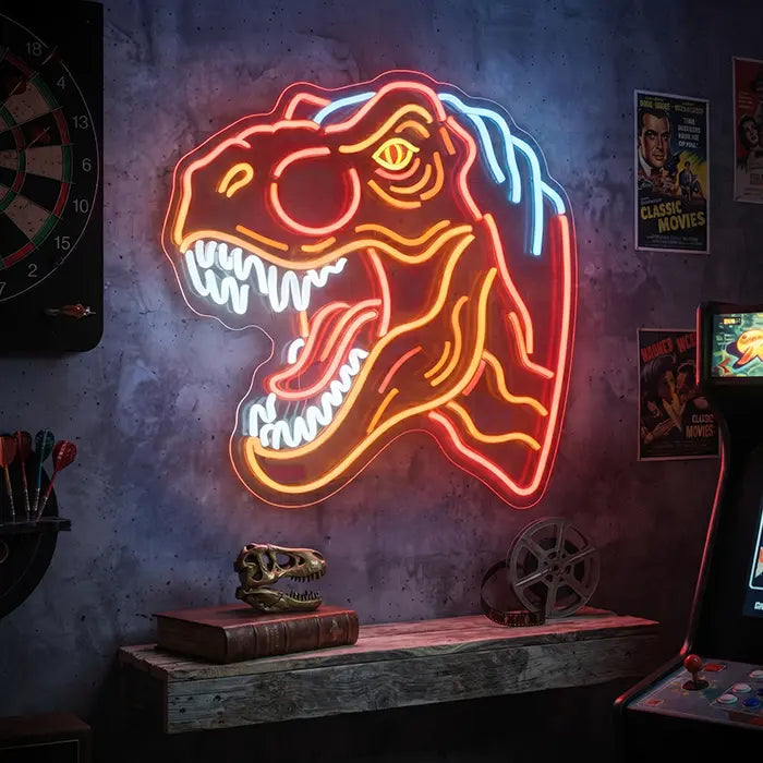 T-Rex Dino Neon LED Schild an der Wand im Hobbyraum neben Dartscheibe, Arcade-Automat und Filmpostern