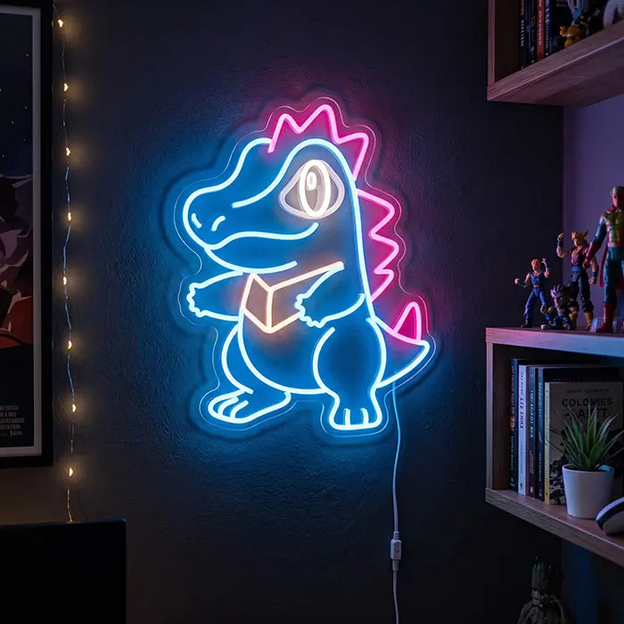 Pokémon Totodile Set Neon LED Sign, design Totodile Punk: on the wall next to a shelf with figures and fairy lights
