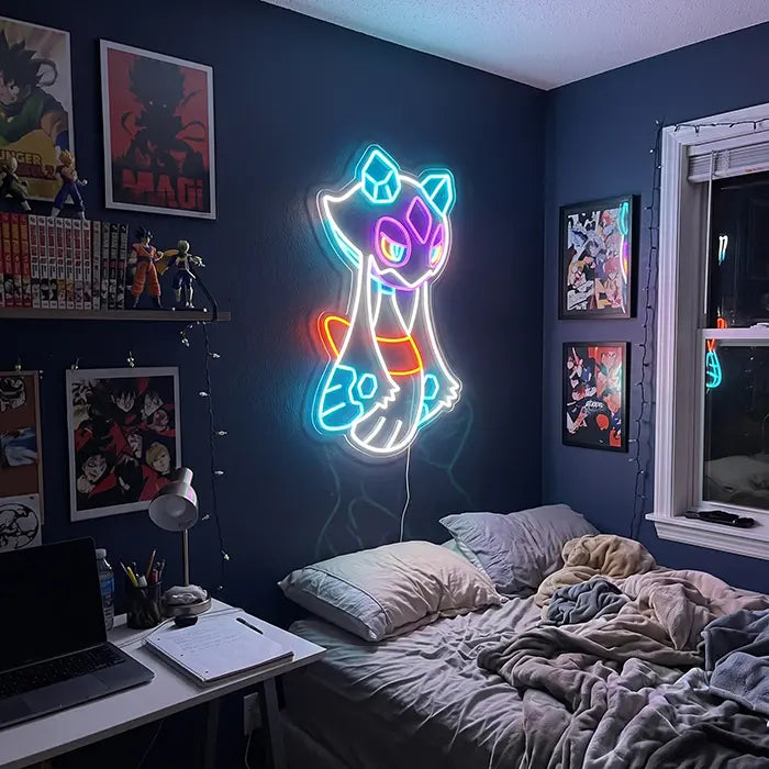 Pokémon Froslass Neon LED Sign on a dark blue bedroom wall with anime posters above the desk and bed
