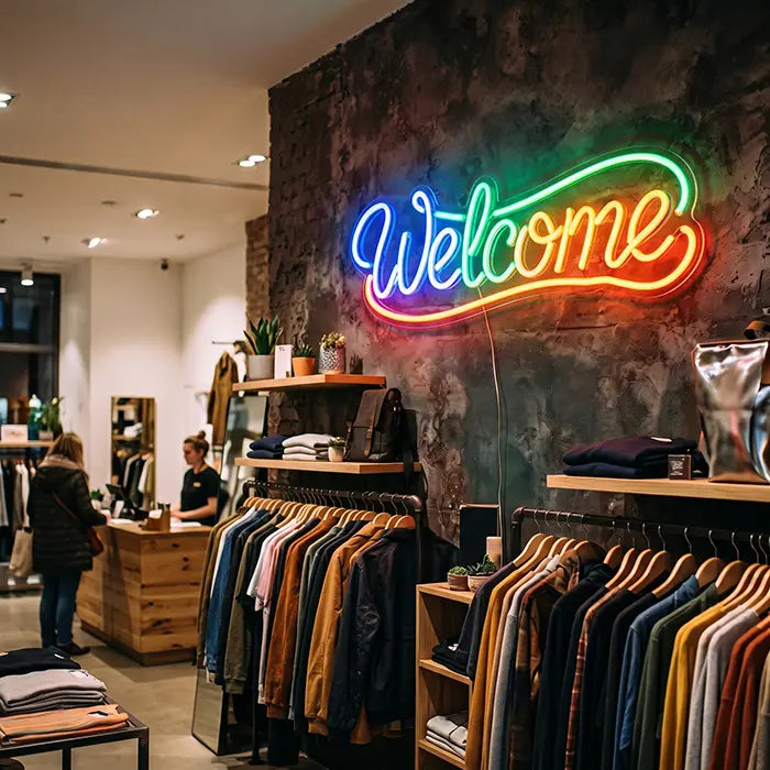 Welcome Neon LED Sign above clothing rails in a fashion store