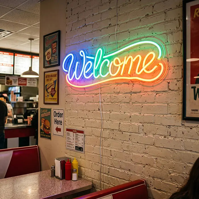 Welcome Neon LED Sign on a white brick wall in a diner
