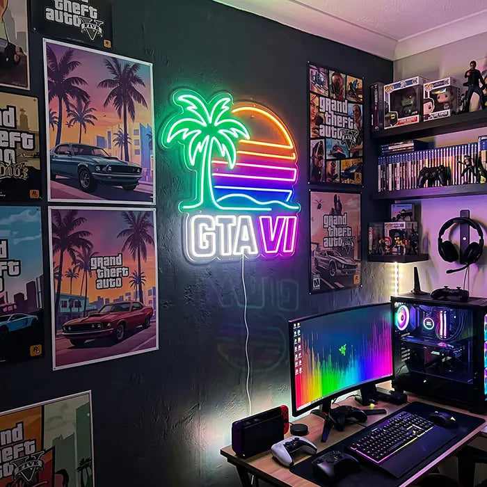 GTA VI Miami Set Neon LED Sign in the Standard design above a gaming setup between GTA posters
