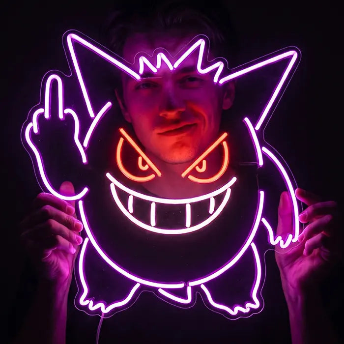 Gengar Mittelfinger Neon Pokémon  LED Schild – USB Leuchtschild | Gamer Wanddeko