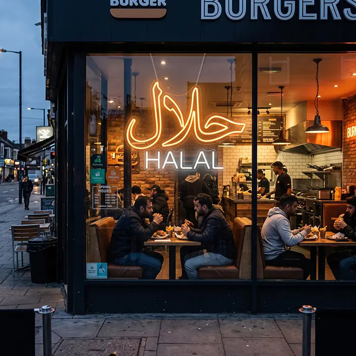 Halal Set Neon LED Sign – 9 Designs, USB or 12V | Restaurant Decor
