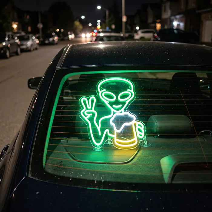 Alien with Beer Neon LED Sign – Dimmable, USB or 12V | Party & Bar Decor