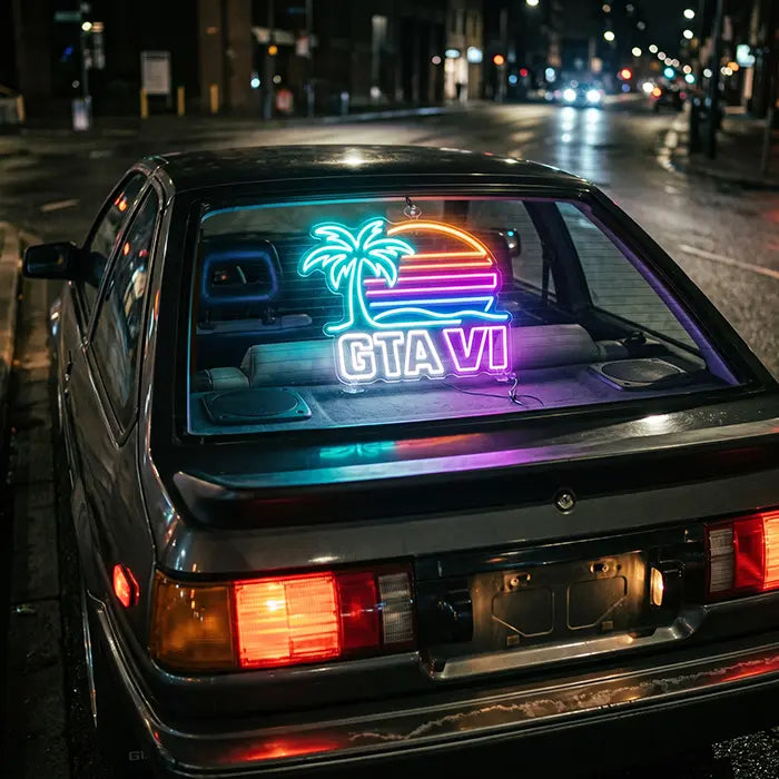 GTA VI Miami Set Neon LED Sign in the Standard design in the rear window of a car at night