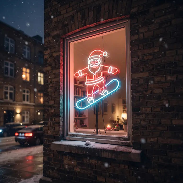 Snowboarding Santa Neon LED Sign in the window of a brick house, seen from the snowy street