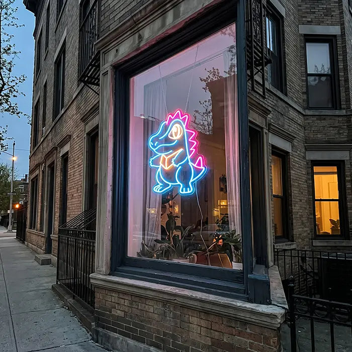 Pokémon Totodile Set Neon LED Sign, design Totodile Punk: in the window of a brick house, seen from the street at dusk