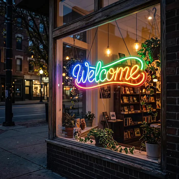 Welcome Neon LED Sign in the shop window of a bookstore