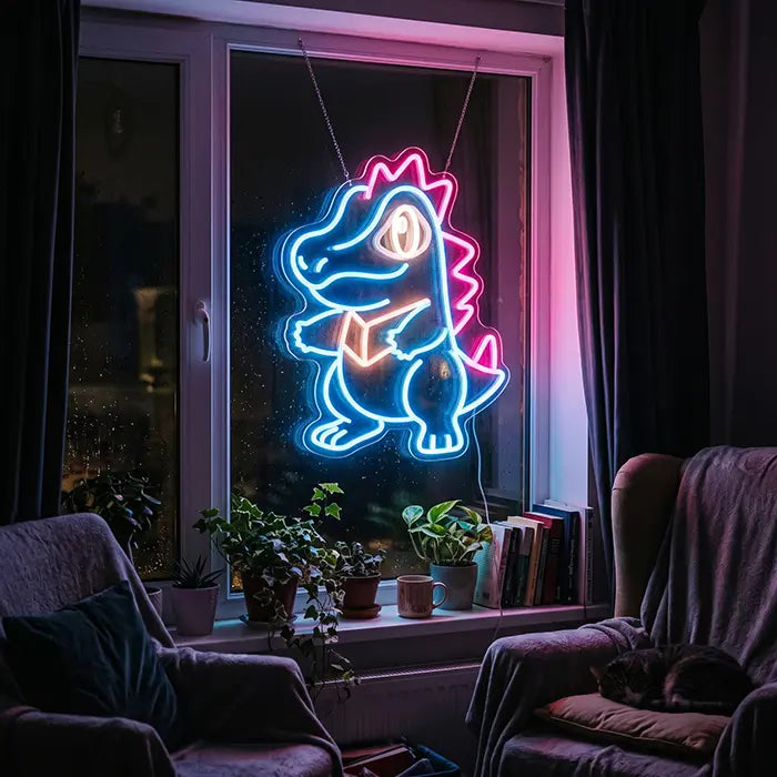 Pokémon Totodile Set Neon LED Sign, design Totodile Punk: in a window, an armchair and plants in front
