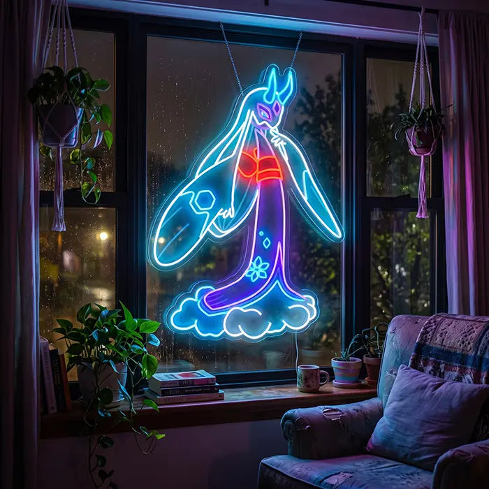 Pokémon Mega Froslass Neon LED Sign in a window with hanging plants, an armchair in front