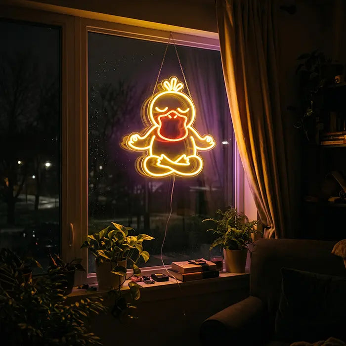 Pokémon Psyduck in Meditation Set Neon LED Sign, design Good Vibes Psyduck: in a window with plants, an armchair in front